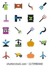Color and black flat icon set - fence vector, garden fork, farm, rake, wheelbarrow, well, sickle, pumpkin, sprayer, fertilizer, drip irrigation, windmill