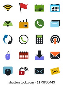 Color and black flat icon set - phone vector, mail, mouse, calendar, update, download, calculator, wireless, lock, flag