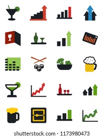 Color and black flat icon set - growth statistic vector, barcode, equalizer, scanner, bar graph, alcohol, wine card, cocktail, beer, salad, sushi, arrow up