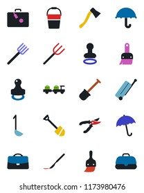 Color and black flat icon set - suitcase vector, umbrella, stamp, baggage larry, job, shovel, farm fork, bucket, pruner, axe, scalpel, themes, case, ladle