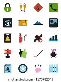 Color and black flat icon set - brainstorm vector, garden sprayer, scalpel, virus, signpost, satellite, sorting, rca, call, gallery, compass, lock, identity card, mountains, estate document, sale