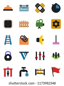 Color and black flat icon set - security gate vector, fence, rake, ladder, patch, heavy, rack, settings, video camera, stopwatch, paper clip, company, water supply, rooms, reception, chip, sound