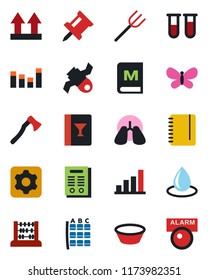 Color and black flat icon set - seat map vector, abacus, notepad, farm fork, butterfly, water drop, axe, blood test vial, lungs, satellite, up side sign, equalizer, settings, drawing pin, bar graph