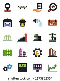 Color and black flat icon set - gear vector, office building, growth statistic, document, watering, well, greenhouse, picnic table, monitor pulse, scales, place tag, root setup, garage, fence, graph