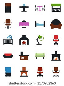 Color and black flat icon set - cafe vector, office chair, bench, fireplace, desk lamp, bedroom, children room, cushioned furniture, restaurant table, alcove, fridge