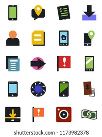 Color and black flat icon set - right arrow vector, mobile phone, document, important flag, tracking, cell, camera, user, download, restaurant receipt, home control app, cash
