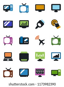 Color and black flat icon set - plane radar vector, notebook pc, statistic monitor, pulse, tv, touch screen, hdmi, statistics, intercome