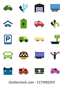 Color and black flat icon set - dispatcher vector, taxi, airport bus, parking, ambulance car, route, truck trailer, delivery, heavy scales, railroad, garage, battery