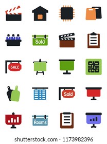Color and black flat icon set - flight table vector, presentation board, meeting, clipboard, clapboard, sale, rooms, sold signboard, smart home, cutting, chip
