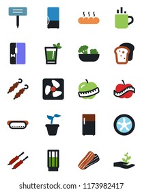 Color and black flat icon set - hot cup vector, seedling, plant label, diet, fridge, drink, phyto bar, salad, bacon, bread, kebab, dog, fan, palm sproute