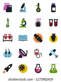 Color and black flat icon set - satellite antenna vector, book, blood test vial, dropper, microscope, ampoule, real heart, joint, virus, sd, thermometer, rocket, flask