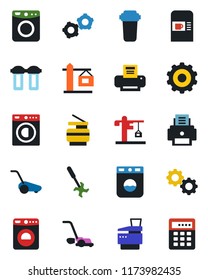 Color and black flat icon set - coffee machine vector, washer, gear, lawn mower, ripper, printer, copier, crane, water filter, combination lock
