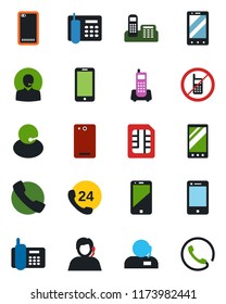 Color and black flat icon set - no mobile vector, phone, office, 24 hours, support, cell, back, call, sim