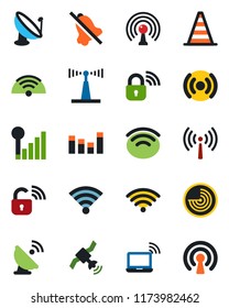 Color and black flat icon set - antenna vector, wireless notebook, border cone, radar, satellite, equalizer, mute, cellular signal, lock
