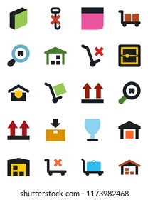 Color and black flat icon set - baggage trolley vector, fragile, cargo, warehouse storage, up side sign, no, hook, package, search, scanner, blank box