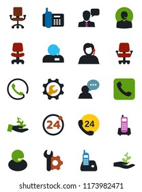 Color and black flat icon set - 24 around vector, office chair, phone, hours, support, speaker, radio, call, root setup, palm sproute