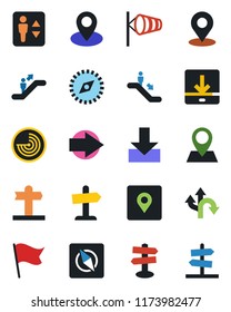 Color and black flat icon set - elevator vector, escalator, right arrow, wind, radar, route, signpost, pin, download, place tag, compass, flag, guidepost
