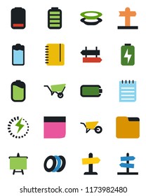 Color and black flat icon set - signpost vector, notepad, presentation board, wheelbarrow, battery, low, folder, charge, blank box, plates, guidepost