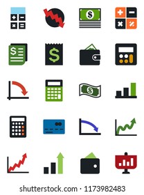 Color and black flat icon set - credit card vector, growth statistic, calculator, crisis graph, receipt, bar, wallet, cash, presentation