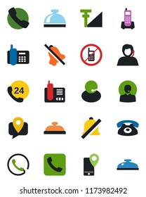 Color and black flat icon set - no mobile vector, reception bell, office phone, 24 hours, support, tracking, radio, call, mute, cellular signal