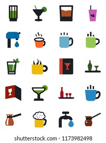 Color and black flat icon set - hot cup vector, coffee, water supply, alcohol, wine card, drink, cocktail, phyto bar, beer, turkish