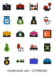 Color and black flat icon set - suitcase vector, baggage conveyor, larry, luggage storage, scales, checkroom, case, money bag, fertilizer, doctor, dropper