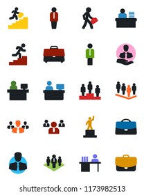 Color and black flat icon set - manager vector, pedestal, team, place, client, case, desk, career ladder, company, group