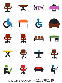 Color and black flat icon set - cafe vector, waiting area, disabled, office chair, desk, picnic table, cushioned furniture, restaurant, man with notebook