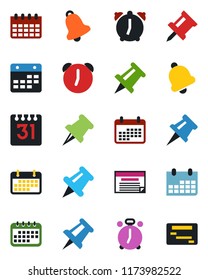 Color and black flat icon set - alarm clock vector, drawing pin, calendar, term, paper, bell, schedule