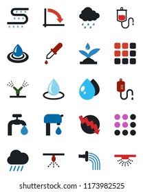 Color and black flat icon set - crisis graph vector, watering, water drop, rain, drip irrigation, dropper, menu, supply, sprinkler