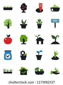 Color and black flat icon set - flower in pot vector, seedling, tree, sproute, plant label, fertilizer, fruit, salad, apple, eco house, palm