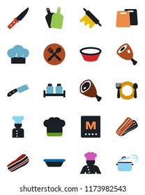 Color and black flat icon set - cook vector, cafe, hat, menu, bacon, salt and pepper, ham, bowl, rolling pin, cutting board, knife, steaming pan