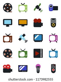 Color and black flat icon set - tv vector, reel, satellite, video camera, remote control, monitor