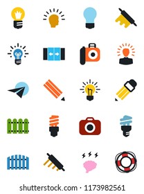 Color and black flat icon set - automatic door vector, brainstorm, bulb, camera, pencil, fence, rolling pin, energy saving, shining head, idea, paper plane, crisis management