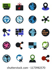 Color and black flat icon set - bomb in case vector, globe, plane, earth, pin, consolidated cargo, network, share, news, social media