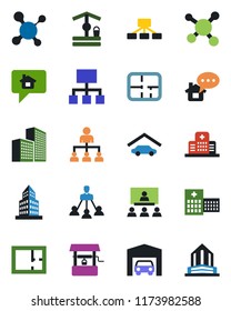 Color and black flat icon set - hierarchy vector, well, molecule, hospital, office building, garage, plan, home message