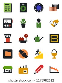 Color and black flat icon set - airport tower vector, luggage scales, flower in pot, watering can, thermometer, joint, store, cargo container, speaker, mobile camera, stopwatch, scanner, folder