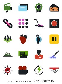 Color and black flat icon set - rake vector, lawn mower, real heart, doctor, pregnancy, video camera, chain, pause button, menu, record, charge, sertificate, news, mail, company, mountains, cheese