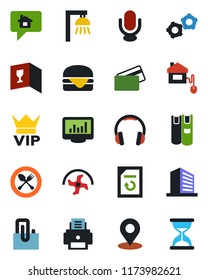 Color and black flat icon set - spoon and fork vector, vip, gear, office building, document reload, ripper, microphone, headphones, place tag, monitor statistics, paper clip, printer, book, credit