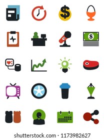 Color and black flat icon set - dollar sign vector, pennant, manager place, blood pressure, pulse clipboard, microphone, tv, calendar, news, support, egg stand, salt and pepper, steak, fan, bulb