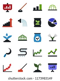 Color and black flat icon set - growth statistic vector, watering, sproute, hoe, sickle, greenhouse, fertilizer, drip irrigation, bar graph, pie, point, presentation