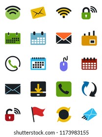 Color and black flat icon set - mail vector, mouse, calendar, call, update, download, wireless, phone, lock, flag