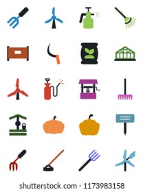 Color and black flat icon set - fence vector, garden fork, farm, rake, well, hoe, sickle, plant label, pumpkin, greenhouse, sprayer, fertilizer, windmill
