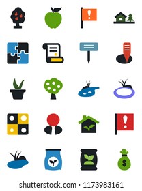 Color and black flat icon set - contract vector, seedling, plant label, pond, fertilizer, important flag, application, house with tree, fruit, estate agent, apple, eco, money bag