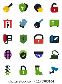 Color and black flat icon set - security gate vector, safe, glove, boot, hose, traffic light, shield, protect, lock, key, intercome, home, surveillance