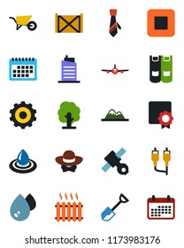 Color and black flat icon set - plane vector, gear, book, shovel, tree, wheelbarrow, satellite, container, stop button, rca, sertificate, calendar, tie, mountains, heater, city house, dress code