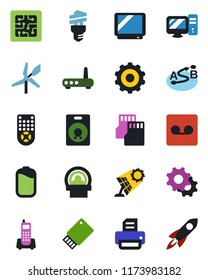 Color and black flat icon set - gear vector, printer, tomography, office phone, route, tv, remote control, speaker, settings, record, sd, battery, chip, router, pc, energy saving bulb, sun panel