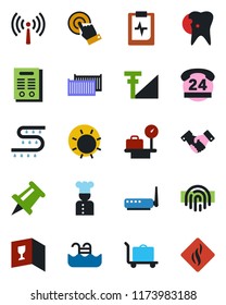 Color and black flat icon set - antenna vector, baggage trolley, luggage scales, handshake, drawing pin, sun, drip irrigation, caries, pulse clipboard, 24 hours, cargo container, touch screen, pool
