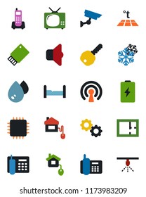 Color and black flat icon set - office phone vector, plan, key, bedroom, tv, home control, chip, wireless, snowflake, gear, water, warm floor, sound, usb flash, surveillance, battery, sprinkler