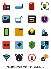 Color and black flat icon set - no mobile vector, wireless notebook, phone, tracking, radio, back, gallery, protect, calculator, clock, alarm, record, folder, notes, face id, application, router